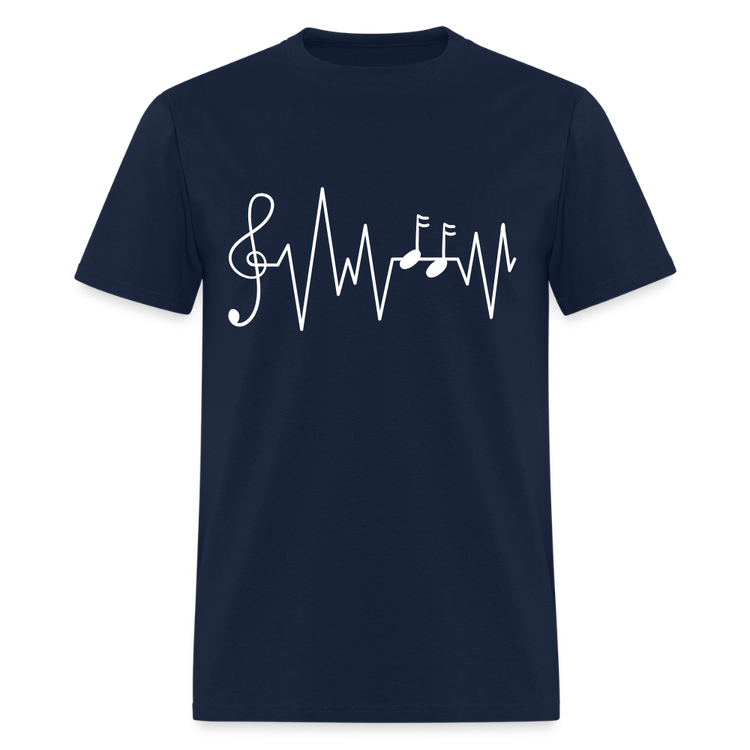 Navy Ink & Harmony t-shirt with a musical note heartbeat illustration.