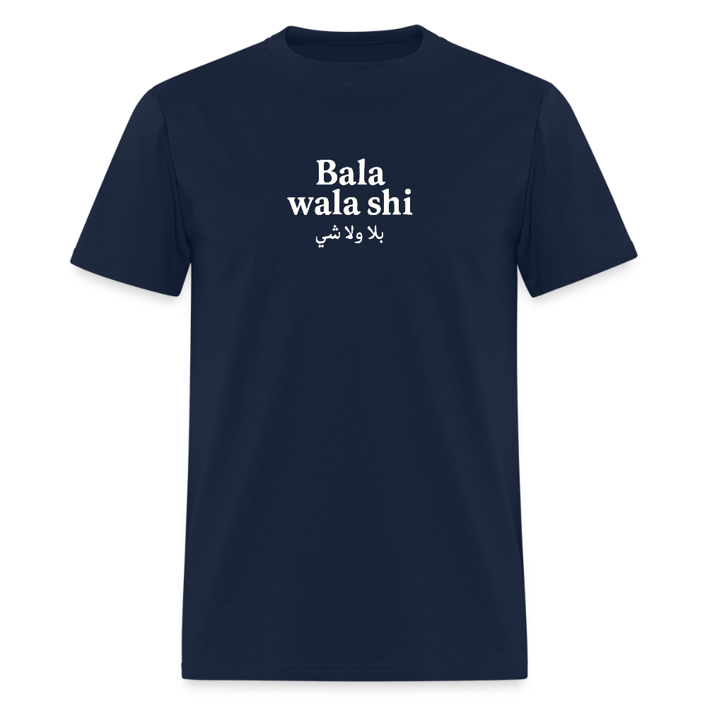 Navy blue Bala Wala Shi T-shirt, mid-weight fabric.