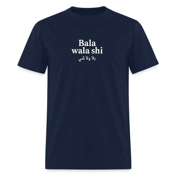 Navy blue Bala Wala Shi T-shirt, mid-weight fabric.