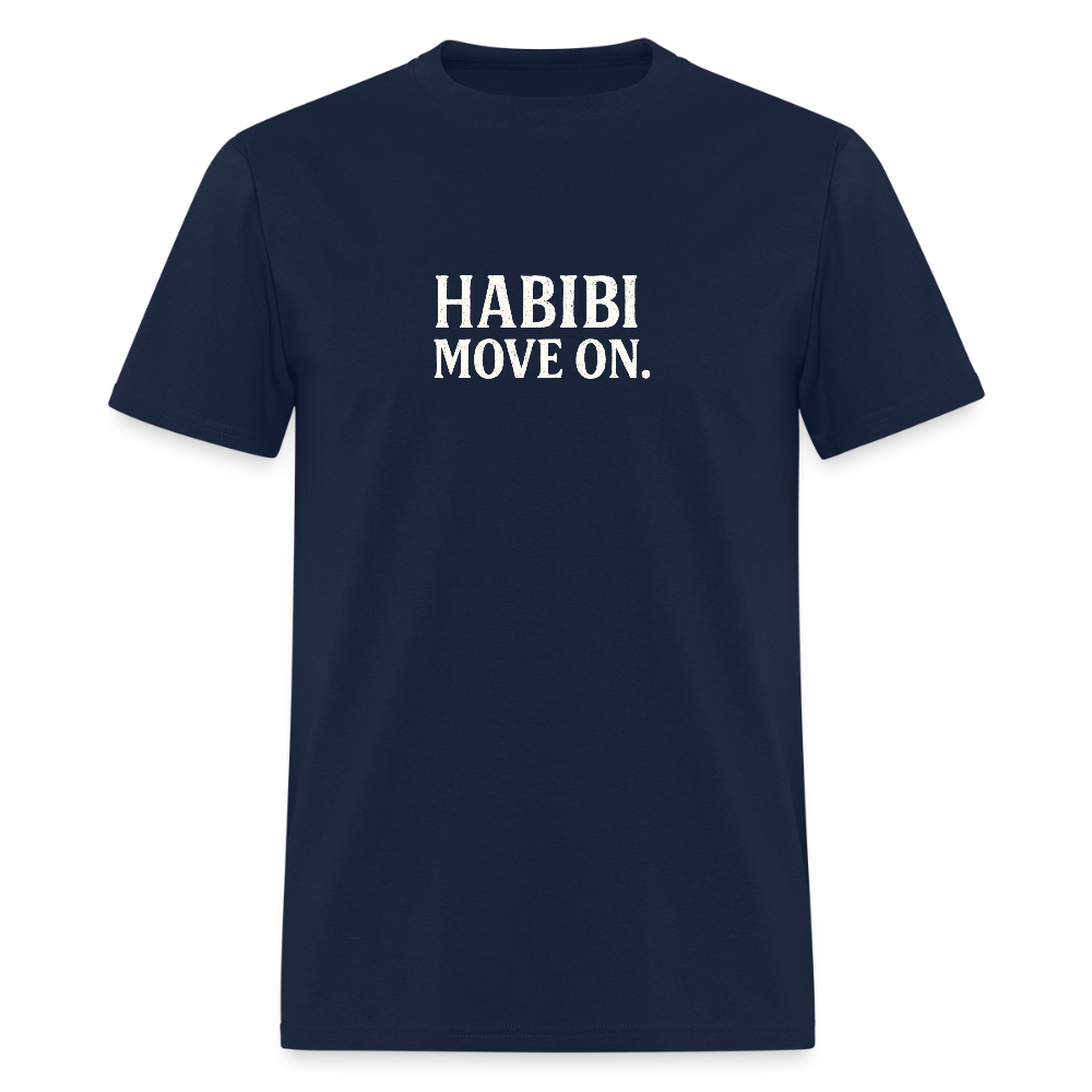Navy blue Habibi, Move on T-shirt with bold white lettering.