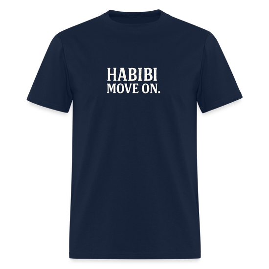 Navy blue Habibi, Move on T-shirt with bold white lettering.