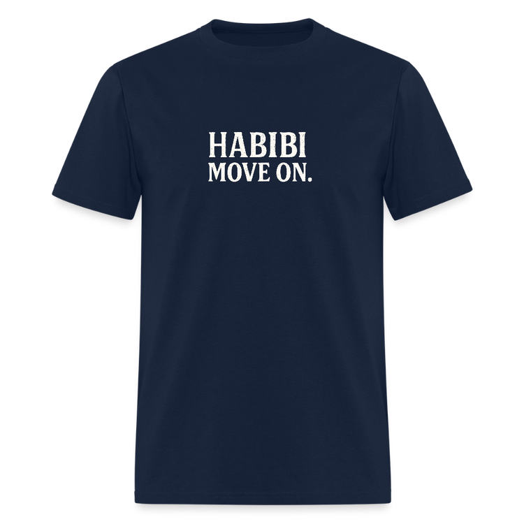 Navy blue Habibi, Move on T-shirt with bold white lettering.