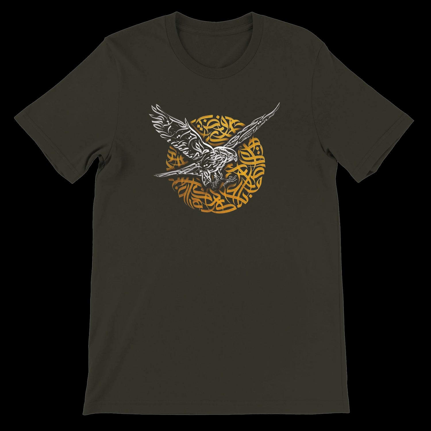 Dark olive falcon art t-shirt with calligraphy-inspired flight design.