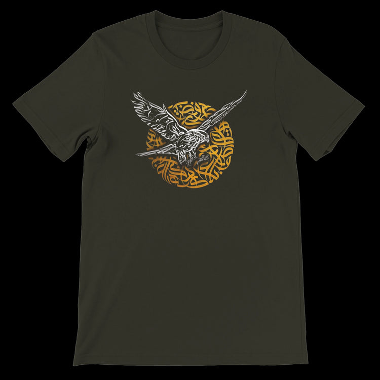 Dark olive falcon art t-shirt with calligraphy-inspired flight design.