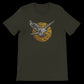 Dark olive falcon art t-shirt with calligraphy-inspired flight design.
