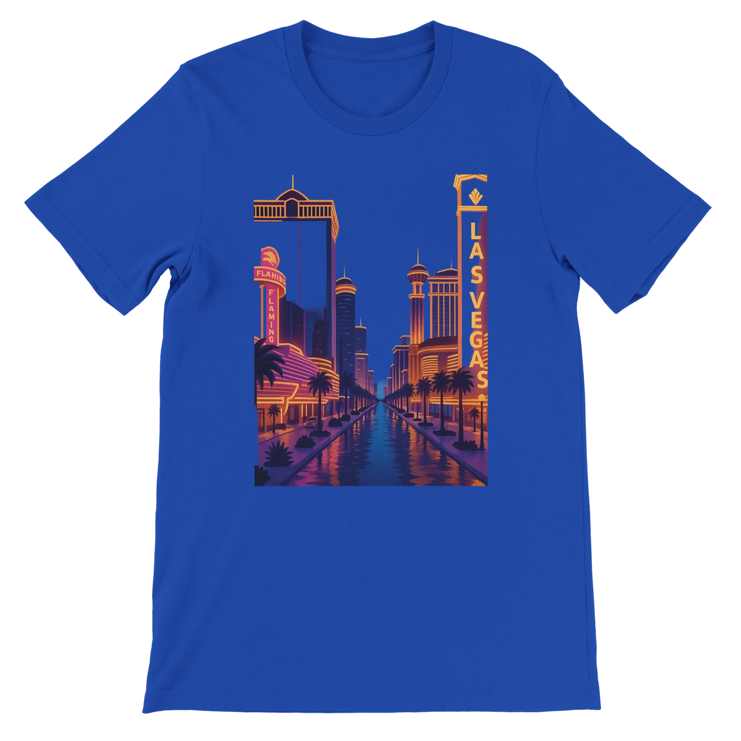 True Royal blue Las Vegas City Animated Style graphic tee with an artistic animated skyline design of Las Vegas. High-quality cotton streetwear shirt for travelers culture lovers and fans of bold colorful city prints.
