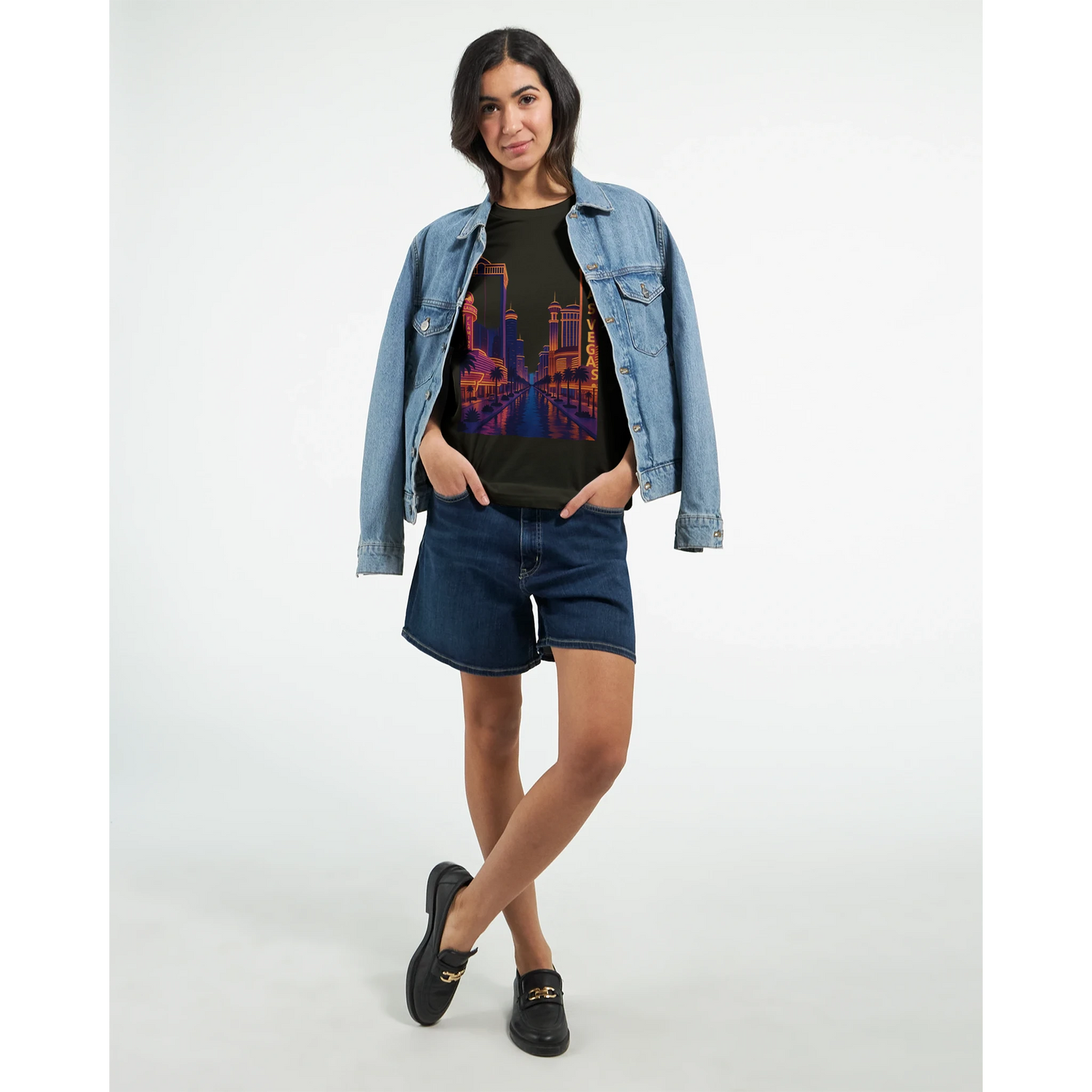 Las Vegas graphic t-shirt with vibrant animated skyline artwork printed on premium cotton streetwear tee for travelers urban fashion lovers and nightlife enthusiasts.