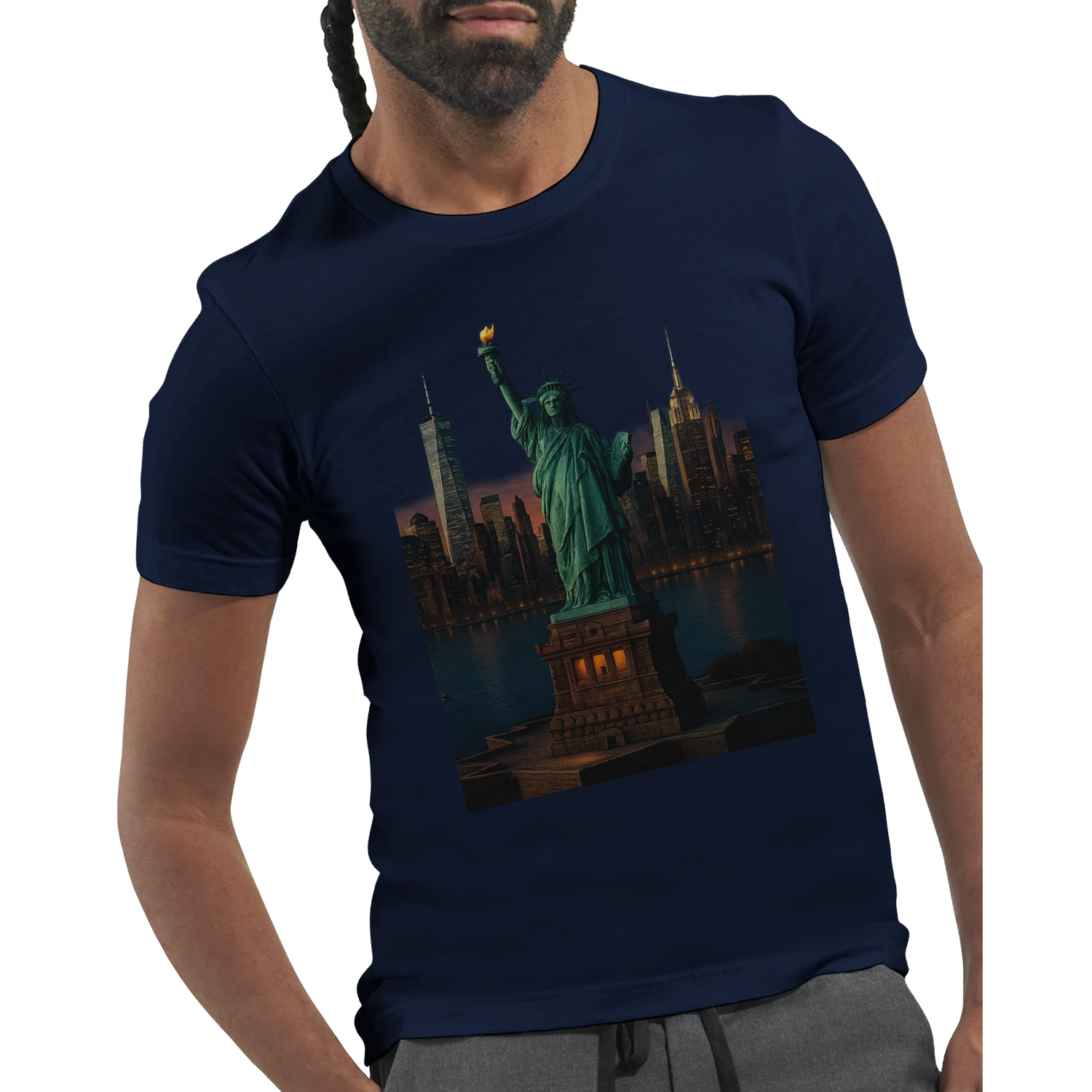 Liberty Island New York City iconic landmark t-shirt with animated colorful graphic style. Soft unisex cotton tee perfect for American culture fans and street style outfits.