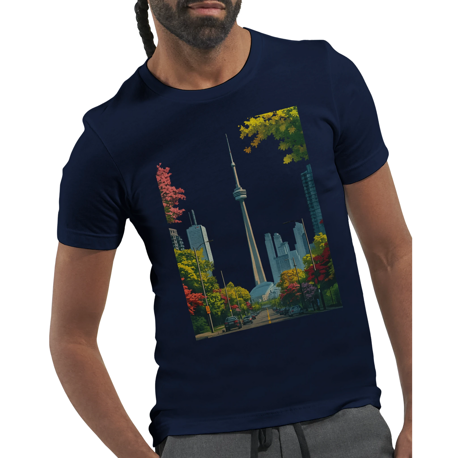 Premium DTG printed Toronto skyline tee with colorful animated CN Tower design crafted from 100 percent Airlume combed cotton soft unisex fit perfect for casual wear urban fashion and travel inspired looks.