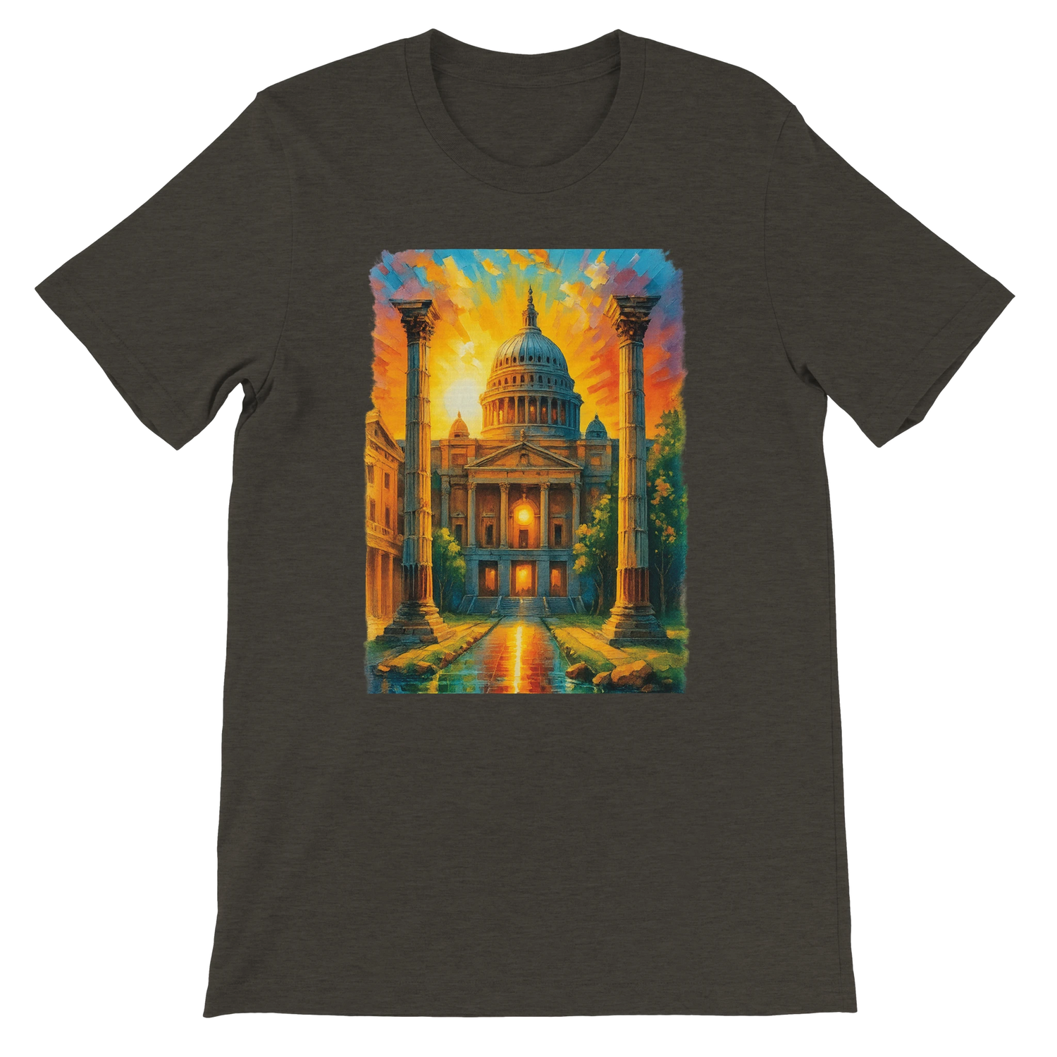 Black heather cultural landmark t-shirt with animated St. Paul’s Cathedral graphic. High-quality cotton tee for streetwear fans, global travelers, and lovers of bold architecture-inspired designs. Tailored fit, DTG friendly.