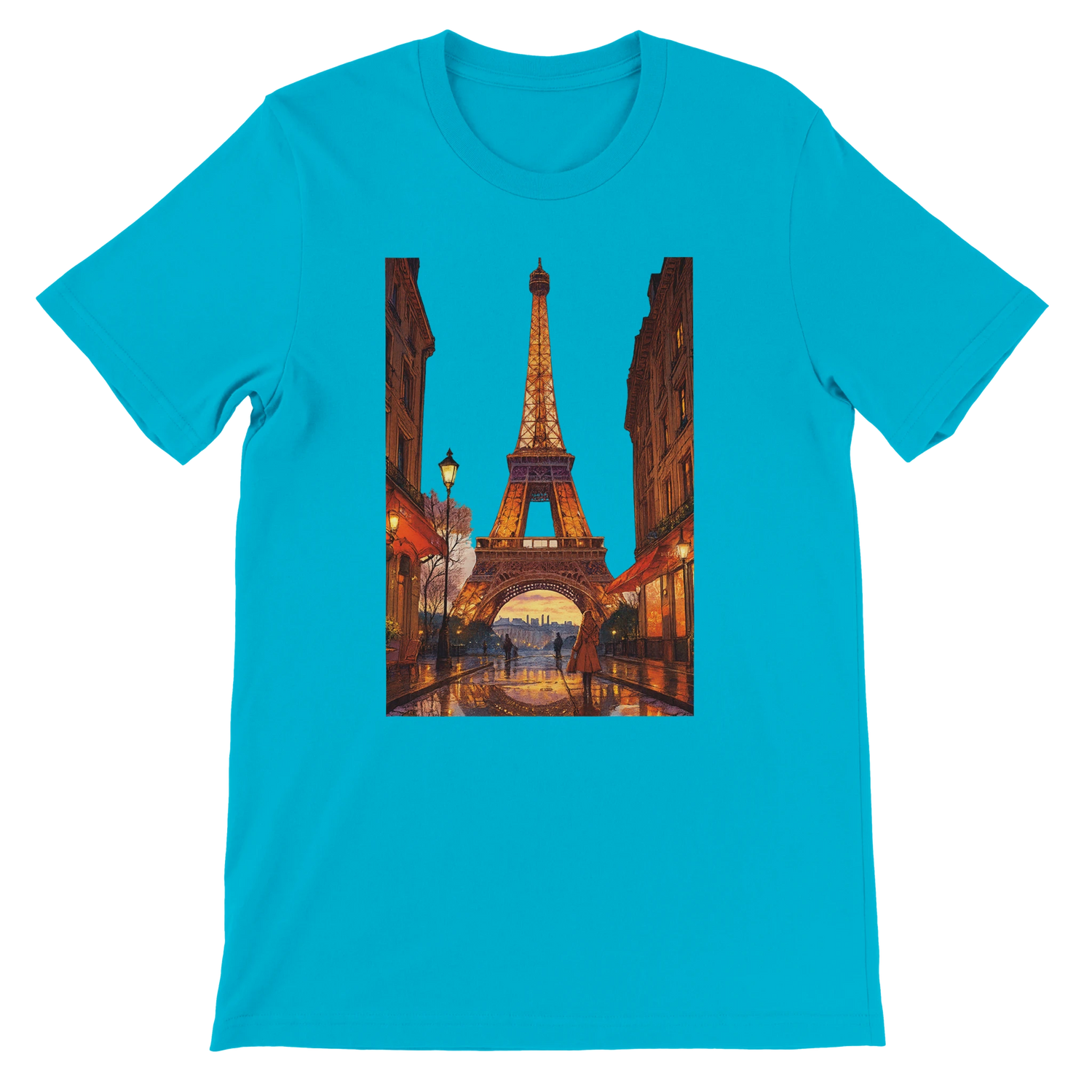 Turquoise animated Eiffel Tower Paris t-shirt with artistic travel themed design perfect for streetwear and travel fashion made with breathable premium cotton and eco friendly materials unisex fit ideal for print on demand clothing fans