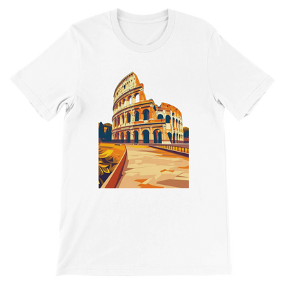 White Rome Colosseum animated style t-shirt featuring bold artistic landmark design in premium cotton fabric. Unisex travel lovers tee for Rome enthusiasts, Italian culture fans and global streetwear fashion. Perfect gift for history buffs and art lovers.