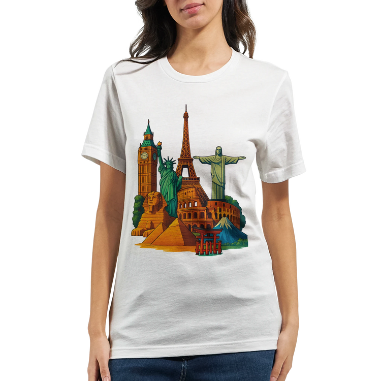 Premium Famous Landmarks Animated Style T-Shirt featuring artistic animated illustrations of iconic landmarks like the Eiffel Tower and Statue of Liberty designed for travel lovers and tourism enthusiasts crafted from eco friendly breathable cotton with a unisex fit ideal for destination inspired casual wear