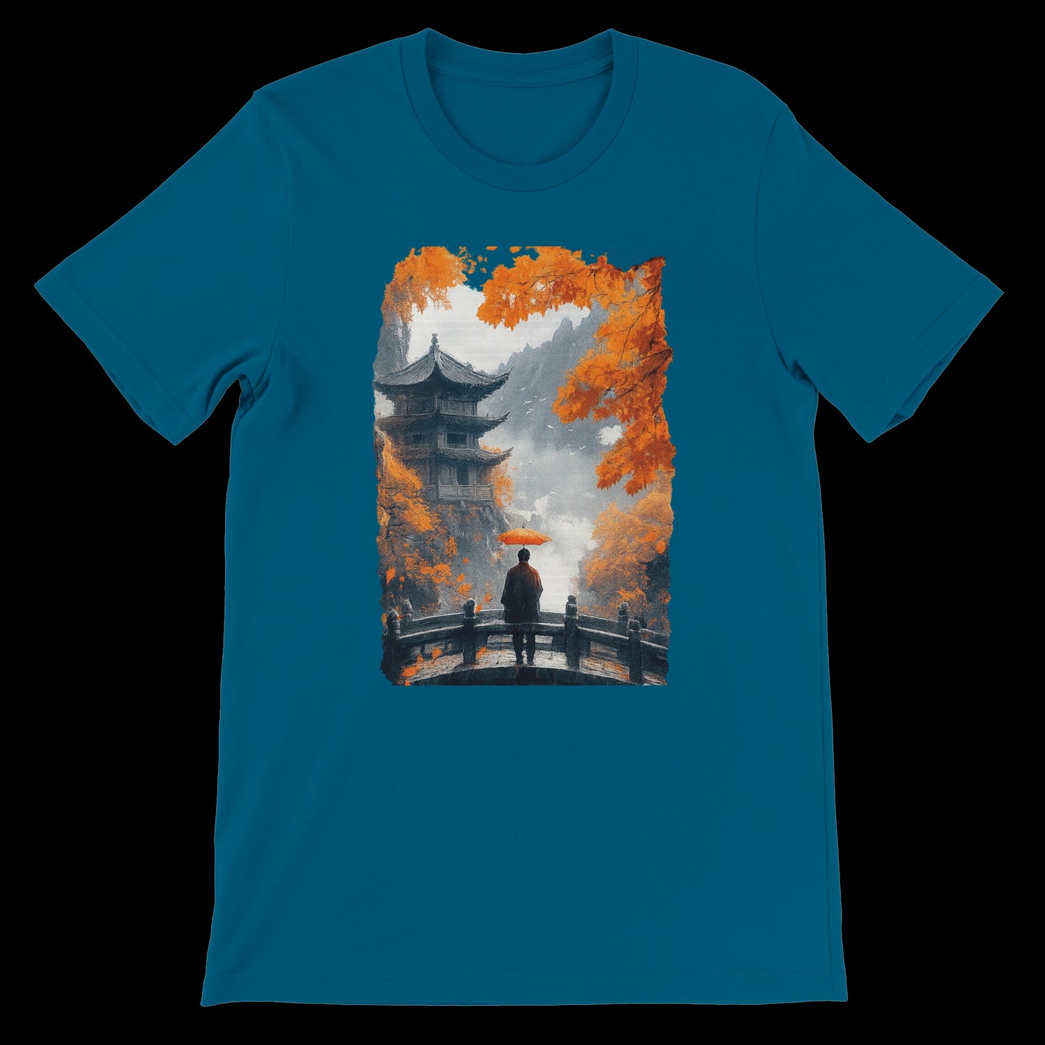 Deep teal tee featuring an Asian temple and red umbrella design.
