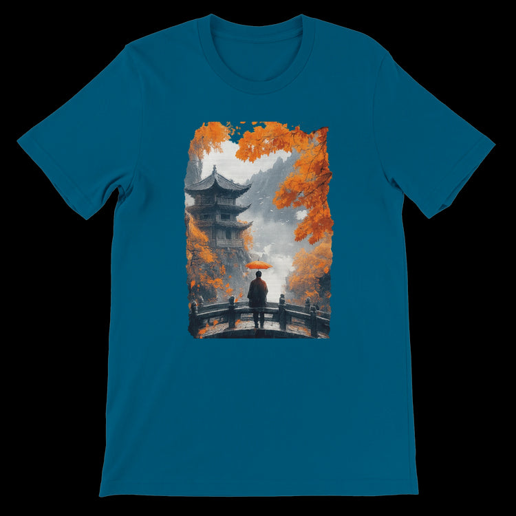 Deep teal tee featuring an Asian temple and red umbrella design.