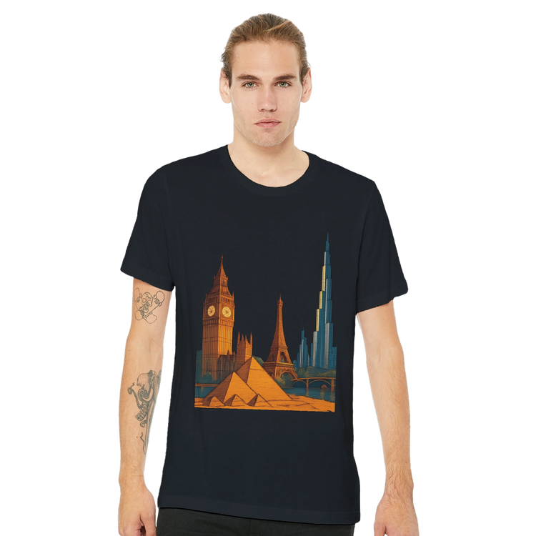 City Landmarks Animated T Shirt from a premium print on demand collection featuring bold colorful designs of iconic monuments. Trendy unisex graphic tee for streetwear fashion enthusiasts global travelers and architecture admirers seeking a unique cultural clothing piece.