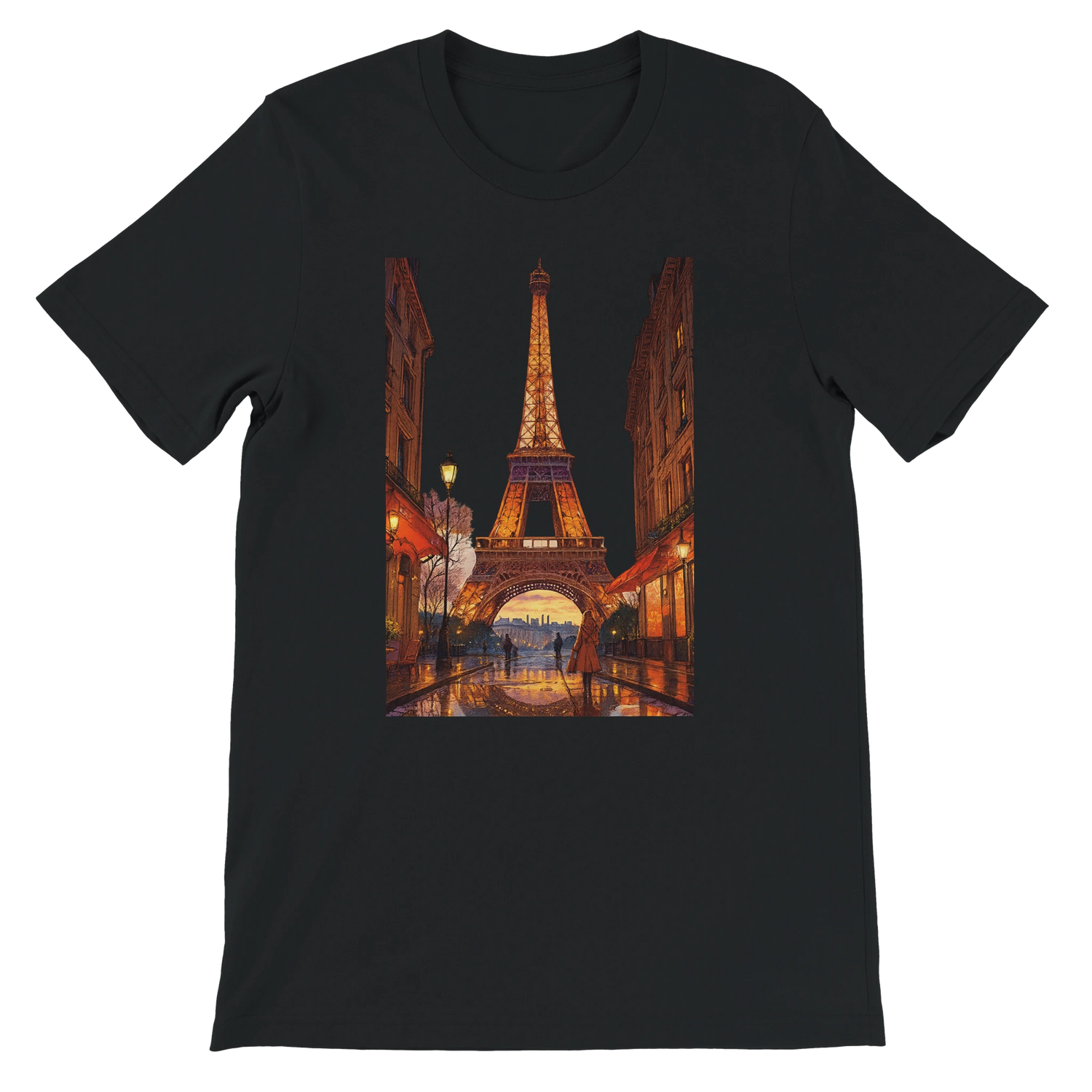 Black Eiffel Tower Paris animated style t-shirt with bold travel inspired streetwear art crafted from breathable premium cotton comfortable unisex fit eco friendly print on demand apparel ideal for global culture fashion enthusiasts