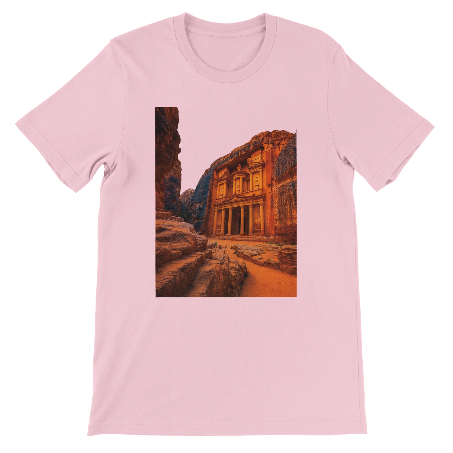 Pink Petra Jordan animated style t shirt showcasing colorful world heritage site design premium cotton fabric unisex fit and travel inspired streetwear style ideal for cultural fashion enthusiasts and wanderlust lovers