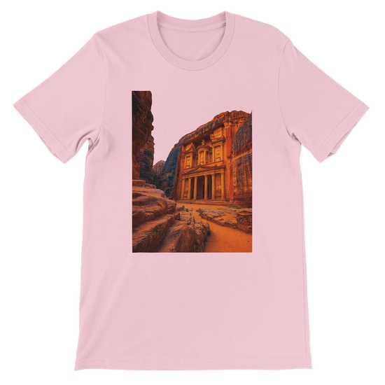 Pink Petra Jordan animated style t shirt showcasing colorful world heritage site design premium cotton fabric unisex fit and travel inspired streetwear style ideal for cultural fashion enthusiasts and wanderlust lovers