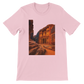 Pink Petra Jordan animated style t shirt showcasing colorful world heritage site design premium cotton fabric unisex fit and travel inspired streetwear style ideal for cultural fashion enthusiasts and wanderlust lovers