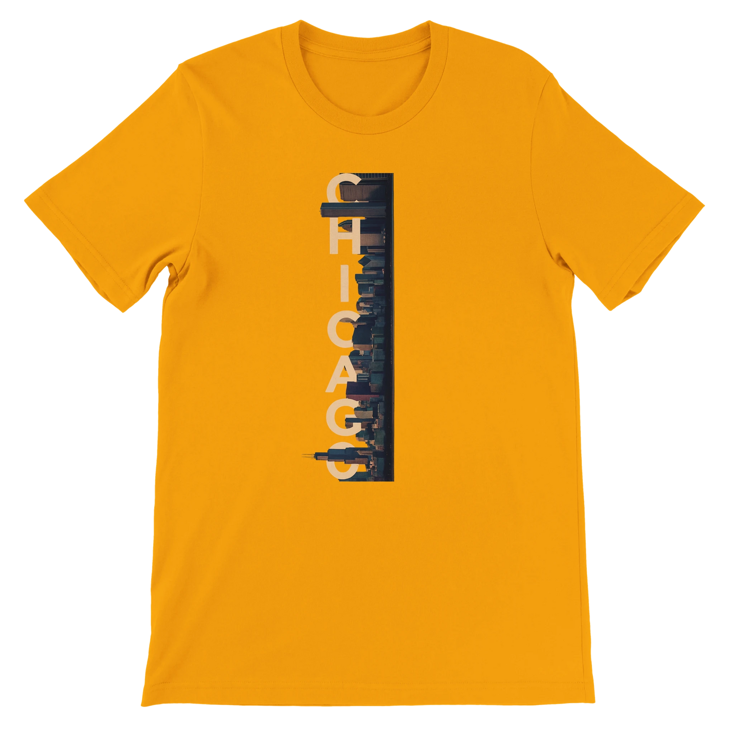 Gold Chicago City Graphic T Shirt with bold animated skyline design stylish cotton streetwear top for travelers Chicago fans and cultural landmark apparel collectors