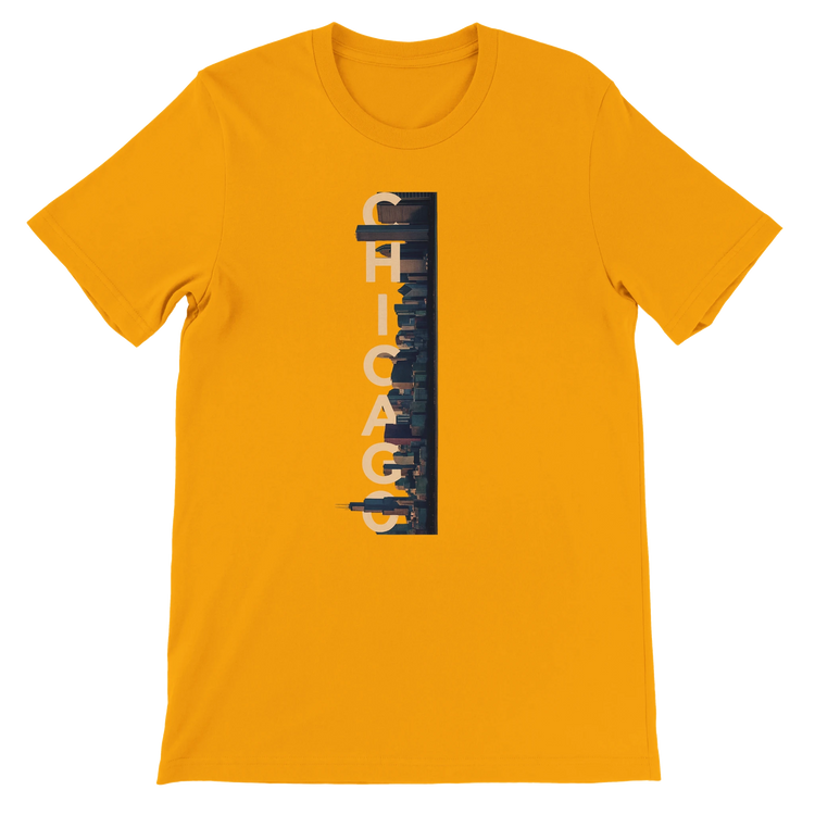Gold Chicago City Graphic T Shirt with bold animated skyline design stylish cotton streetwear top for travelers Chicago fans and cultural landmark apparel collectors