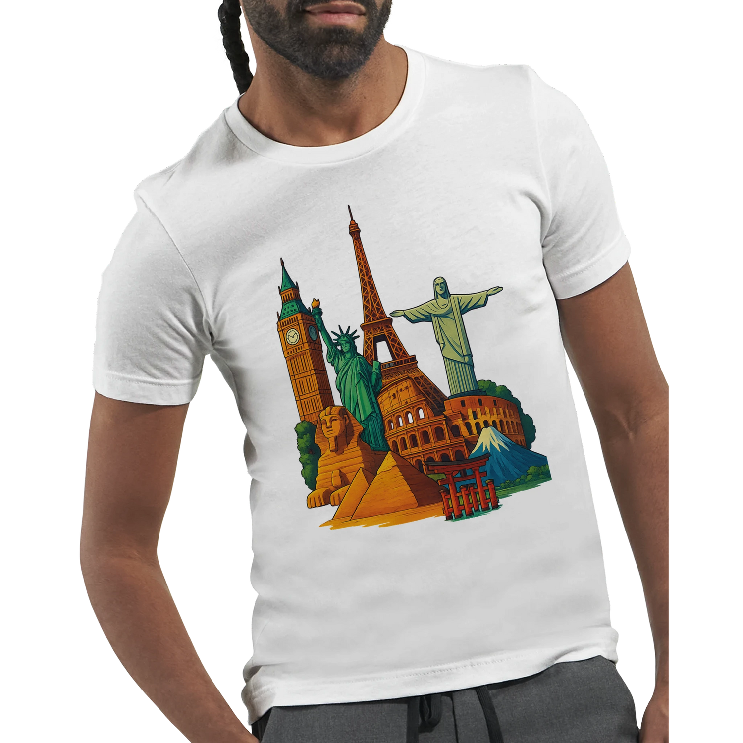 Famous Landmarks Animated Style T-Shirt with colorful world monument graphics for wanderlust travelers and global culture fans made from ultra soft cotton with a flattering unisex fit perfect for adventure travel outfits travel souvenir apparel and premium print on demand streetwear collections