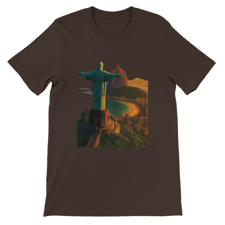 Brown animated Christ the Redeemer shirt with Rio de Janeiro Brazil travel scene art. Soft eco friendly cotton DTG printed tee for streetwear global travel fashion and cultural expression.