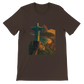 Brown animated Christ the Redeemer shirt with Rio de Janeiro Brazil travel scene art. Soft eco friendly cotton DTG printed tee for streetwear global travel fashion and cultural expression.