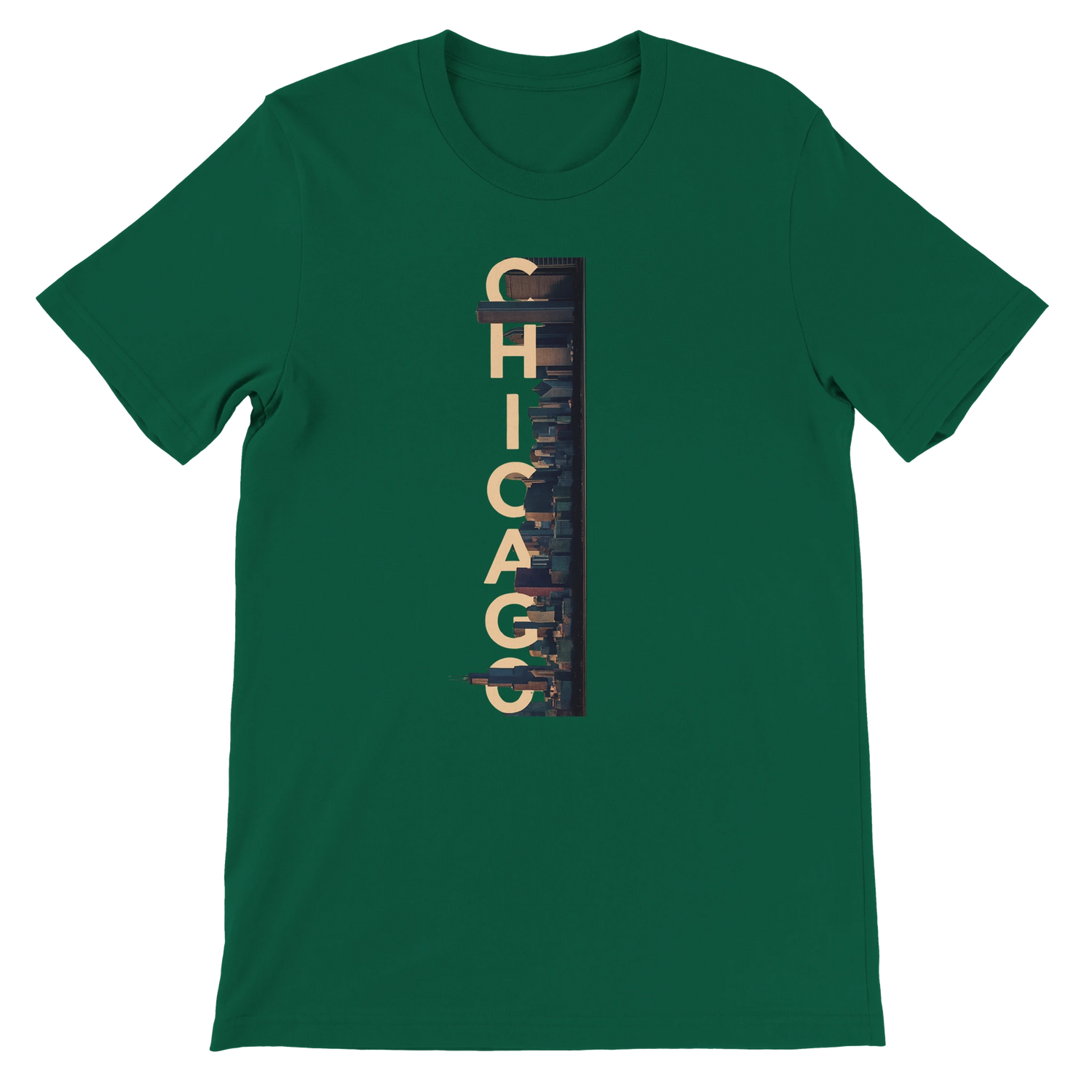 Evergreen Chicago City Graphic T Shirt with iconic animated skyline print trendy travel tee for city lovers streetwear enthusiasts and global fashion explorers