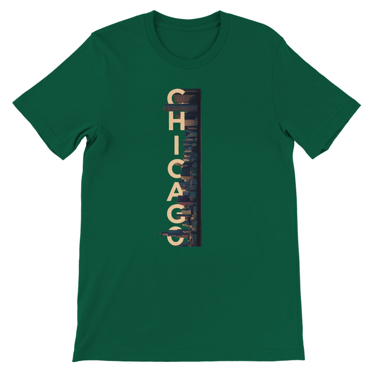 Evergreen Chicago City Graphic T Shirt with iconic animated skyline print trendy travel tee for city lovers streetwear enthusiasts and global fashion explorers