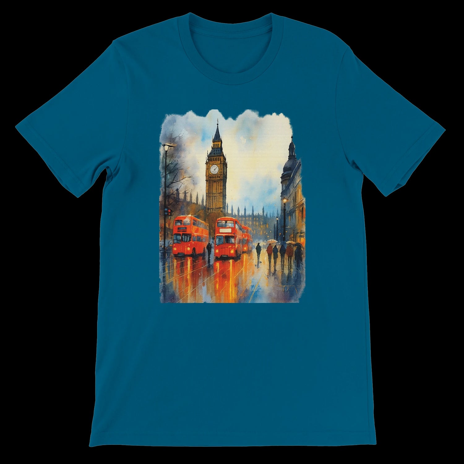 Deep Teal Big Ben shirt with red double-decker buses and UK skyline.