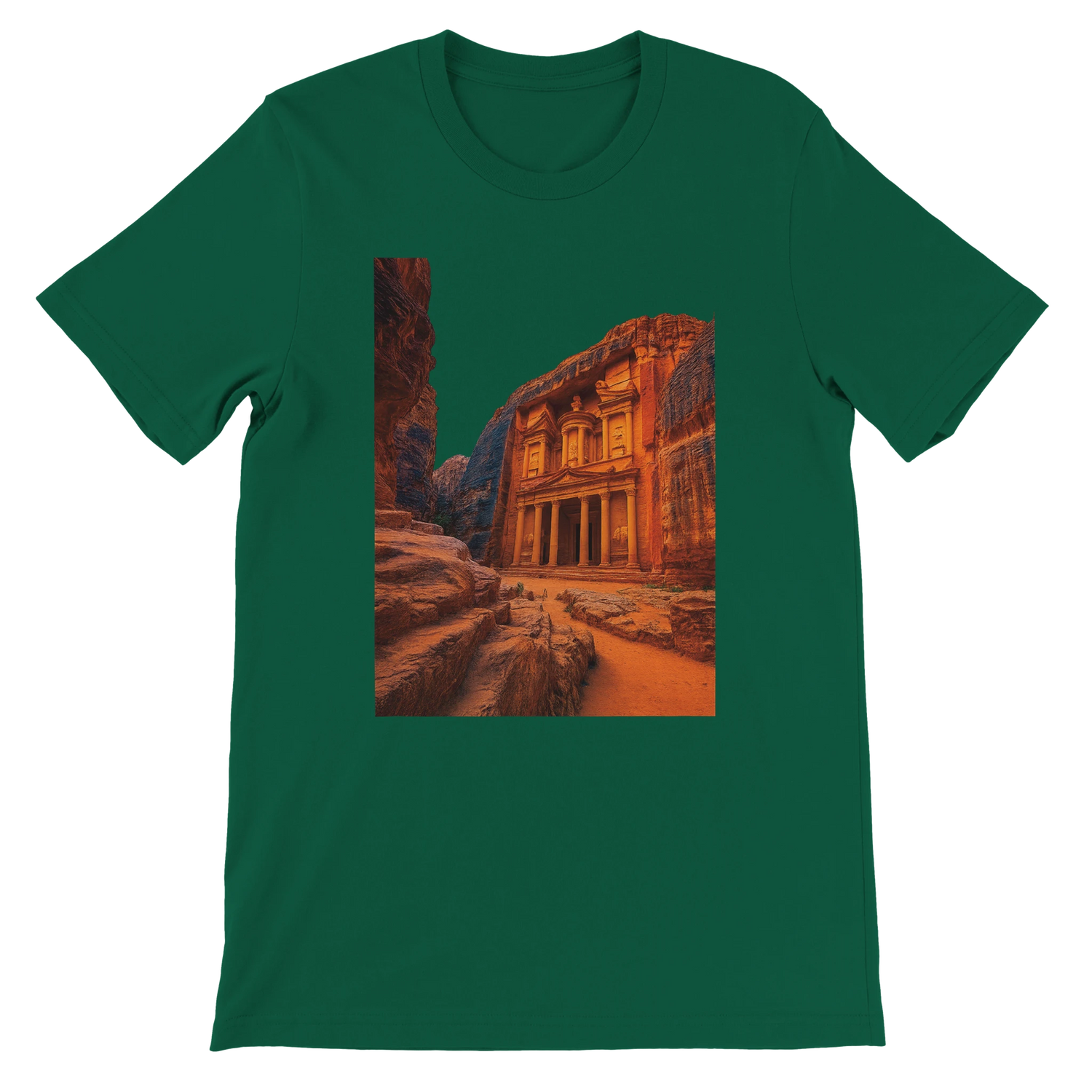 Evergreen Petra Jordan animated style t shirt featuring vibrant travel inspired art made with soft cotton fabric modern unisex streetwear style perfect for cultural fashion and adventurous lifestyle clothing collections