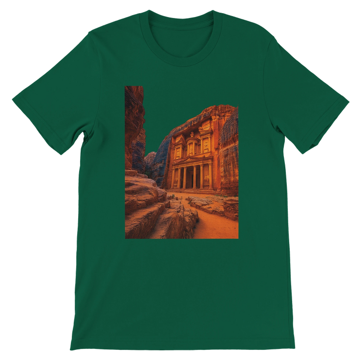 Evergreen Petra Jordan animated style t shirt featuring vibrant travel inspired art made with soft cotton fabric modern unisex streetwear style perfect for cultural fashion and adventurous lifestyle clothing collections