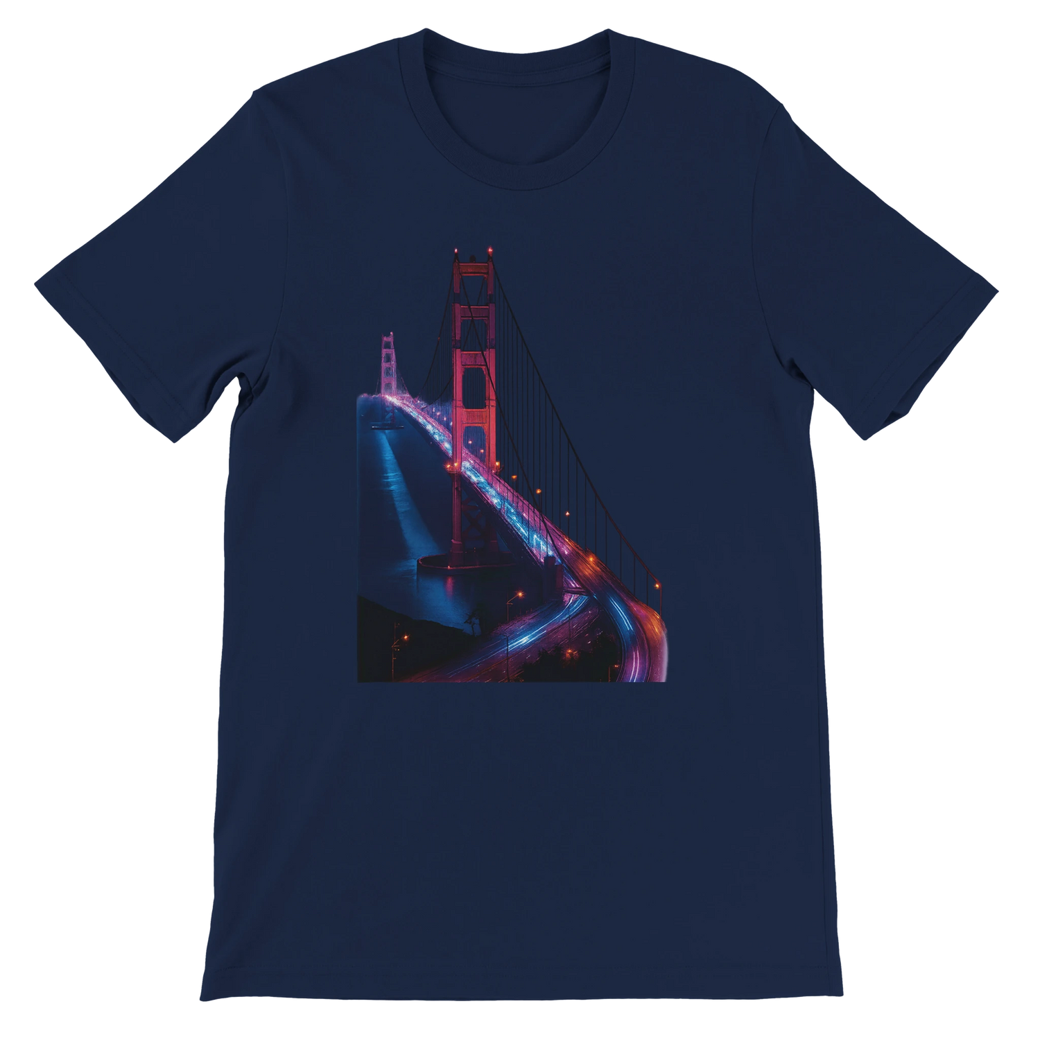 Navy Golden Gate Bridge animated style graphic shirt with landmark illustration for urban style lovers and travelers. Comfortable cotton tee perfect for casual wear vacation outfits and global culture fashion.
