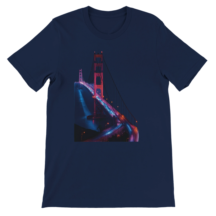Navy Golden Gate Bridge animated style graphic shirt with landmark illustration for urban style lovers and travelers. Comfortable cotton tee perfect for casual wear vacation outfits and global culture fashion.
