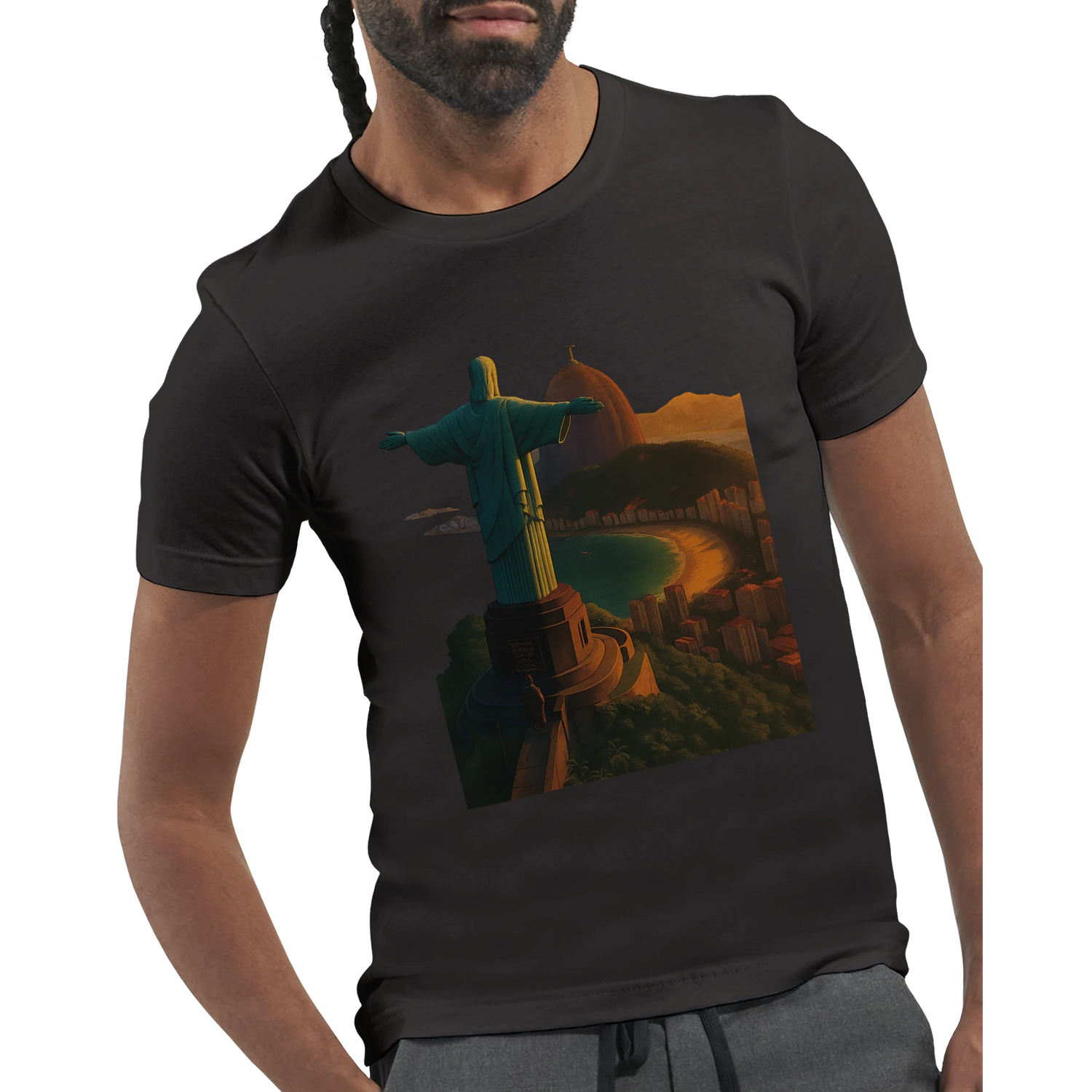 Travel graphic t shirt with animated Christ the Redeemer Rio de Janeiro Brazil design. Stylish eco friendly cotton streetwear tee for tourism inspired fashion and cultural statement outfits.