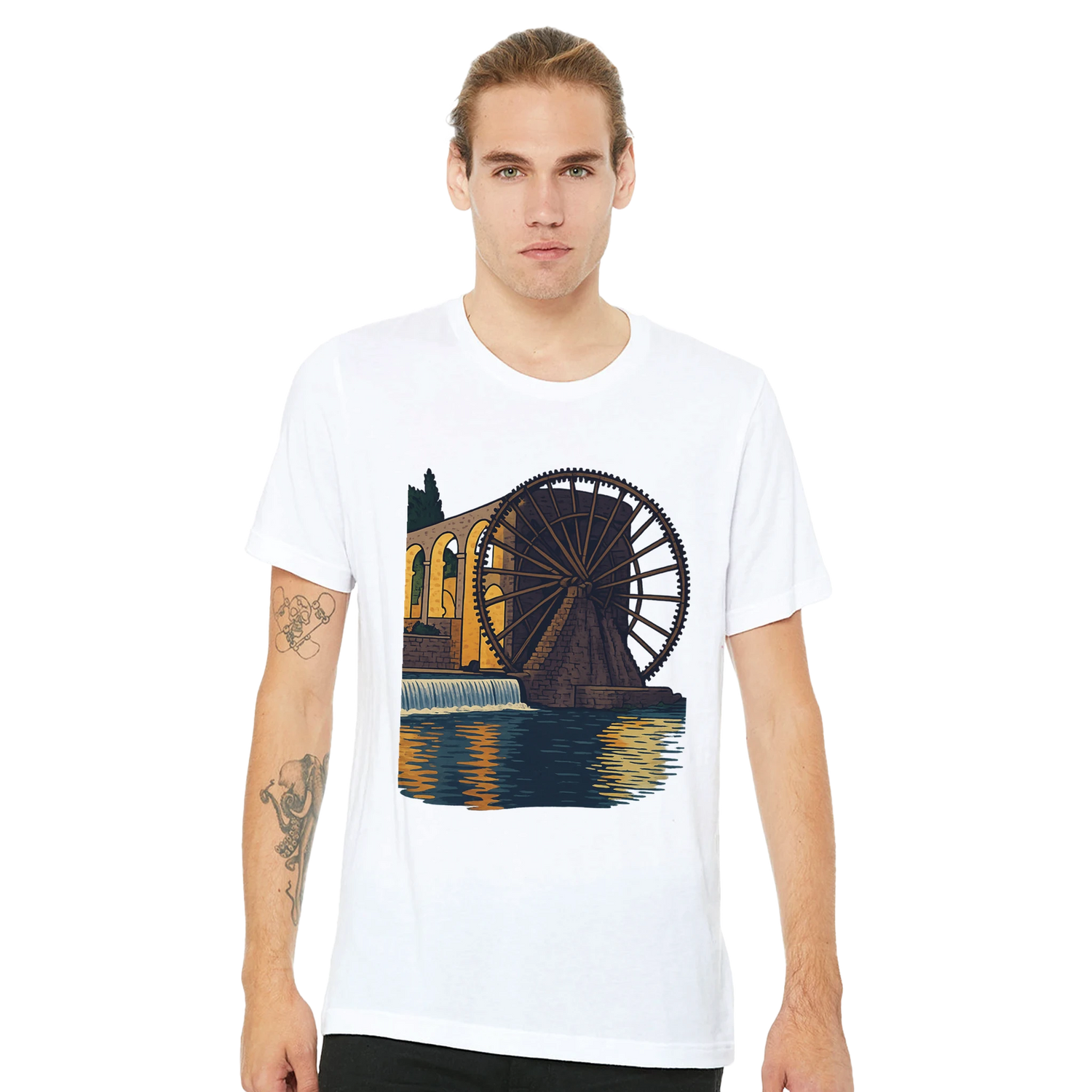 Unisex traveler t shirt with vibrant artistic Syria Hama WaterWheels illustration ideal for global heritage enthusiasts and fashion conscious explorers