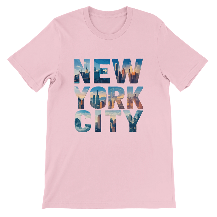 Soft pink New York City skyline graphic tee with animated lettering design made from premium cotton perfect casual travel fashion shirt for NYC lovers stylish urban streetwear top