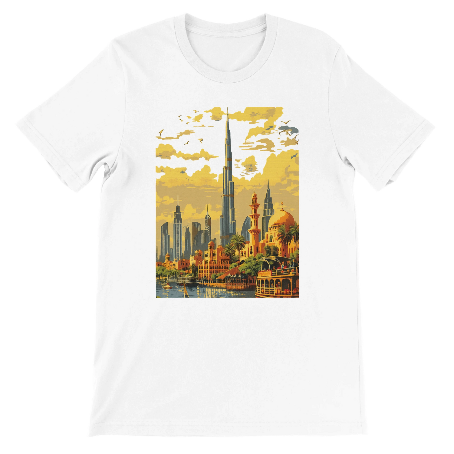 White Burj Khalifa Dubai animated style t shirt featuring vibrant illustration of the world’s tallest skyscraper in a modern artistic design perfect for travel lovers cityscape enthusiasts and streetwear fashion fans made from premium soft cotton for comfort and durability suitable for print on demand collectors and urban style wearers