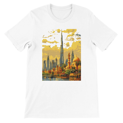 White Burj Khalifa Dubai animated style t shirt featuring vibrant illustration of the world’s tallest skyscraper in a modern artistic design perfect for travel lovers cityscape enthusiasts and streetwear fashion fans made from premium soft cotton for comfort and durability suitable for print on demand collectors and urban style wearers
