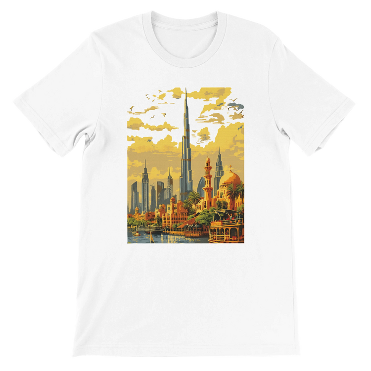 White Burj Khalifa Dubai animated style t shirt featuring vibrant illustration of the world’s tallest skyscraper in a modern artistic design perfect for travel lovers cityscape enthusiasts and streetwear fashion fans made from premium soft cotton for comfort and durability suitable for print on demand collectors and urban style wearers