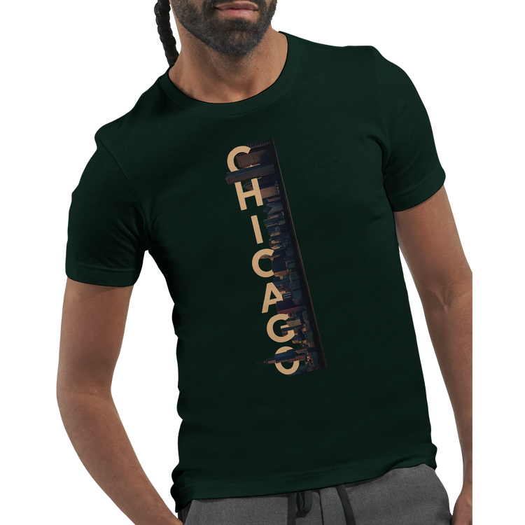Chicago streetwear graphic tee with bold animated skyline print stylish unisex cotton shirt for urban fashion lovers and modern city culture outfits
