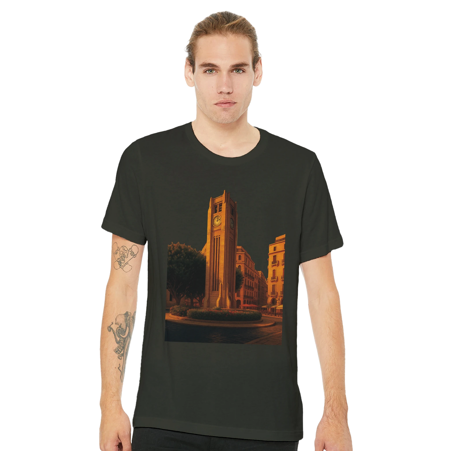 Animated city landmark t-shirt inspired by Beirut Solidere Square printed in colorful DTG design on high quality cotton ideal for wanderlust lifestyle urban street fashion and heritage themed clothing