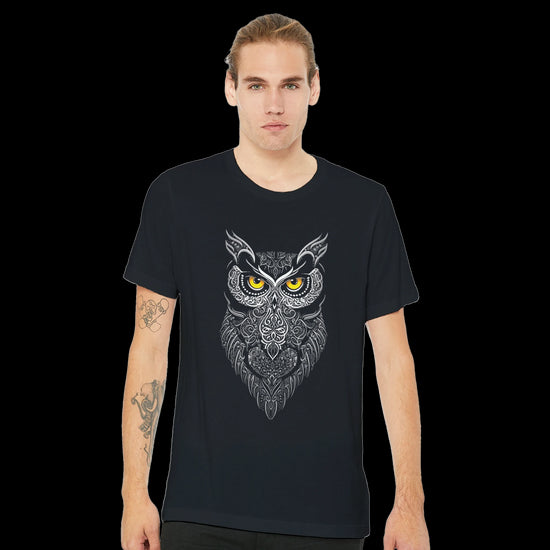 Front view of black Guardian of the Night t-shirt featuring premium Arabic calligraphy design. Made with 100 percent Airlume combed cotton for a soft unisex fit. A streetwear staple that merges heritage symbolism with modern fashion. Ideal for bold outfit statements, print-on-demand collections, and cultural self-expression.