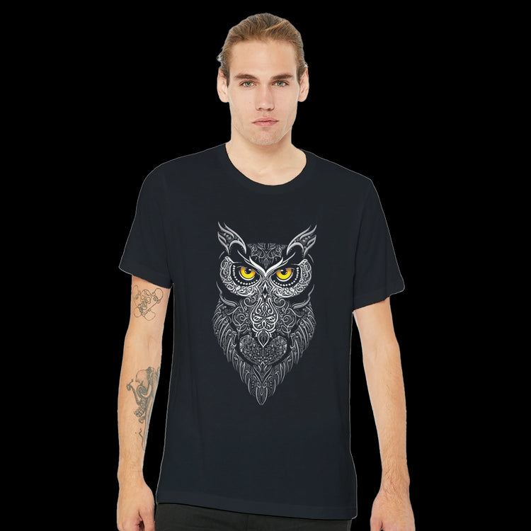 Front view of black Guardian of the Night t-shirt featuring premium Arabic calligraphy design. Made with 100 percent Airlume combed cotton for a soft unisex fit. A streetwear staple that merges heritage symbolism with modern fashion. Ideal for bold outfit statements, print-on-demand collections, and cultural self-expression.
