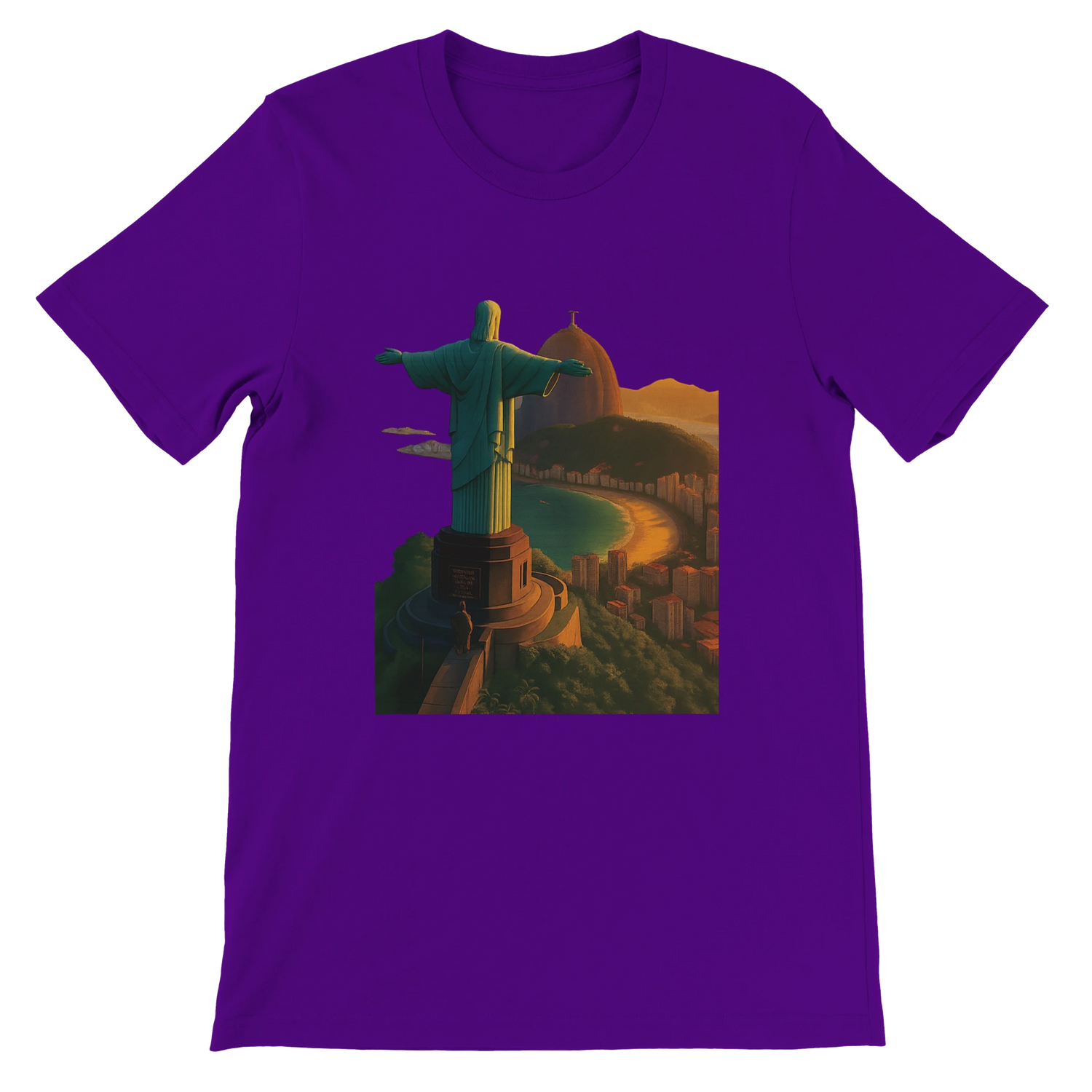 Team purple Christ the Redeemer travel art t-shirt in animated style inspired by Rio de Janeiro Brazil. Soft cotton streetwear tee with vibrant DTG print for fashion and travel lovers.