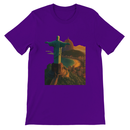 Team purple Christ the Redeemer travel art t-shirt in animated style inspired by Rio de Janeiro Brazil. Soft cotton streetwear tee with vibrant DTG print for fashion and travel lovers.