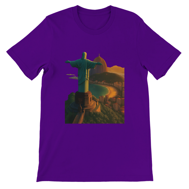 Team purple Christ the Redeemer travel art t-shirt in animated style inspired by Rio de Janeiro Brazil. Soft cotton streetwear tee with vibrant DTG print for fashion and travel lovers.