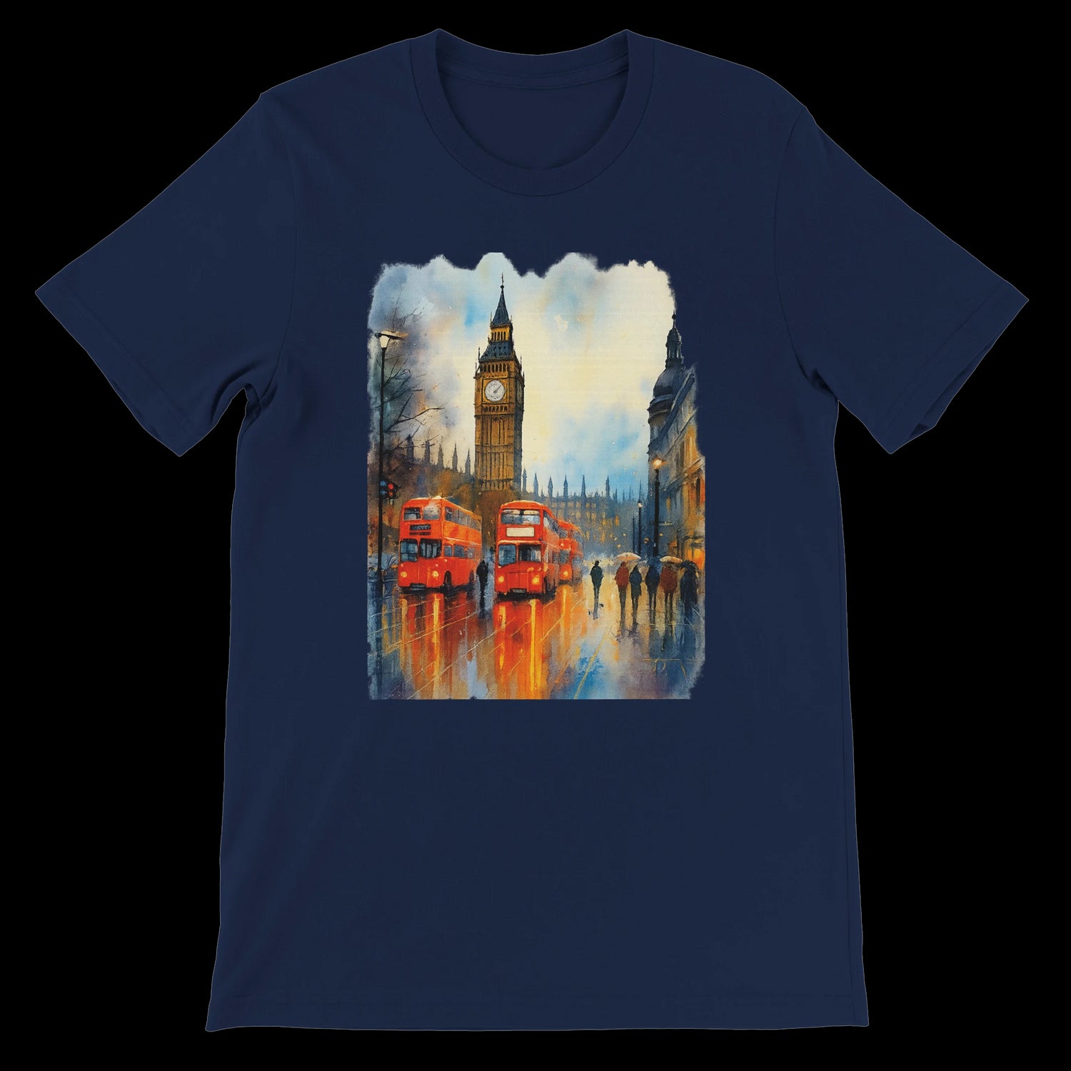 Navy travel shirt with Big Ben and red double-decker buses graphic.